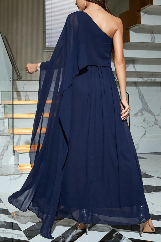 Robe Weitese A-Line Bleu Marine Une Épaule Robe Formelle Robe de Soirée Robe Maxi Sans Manches Avec Fendue Robe de Bal